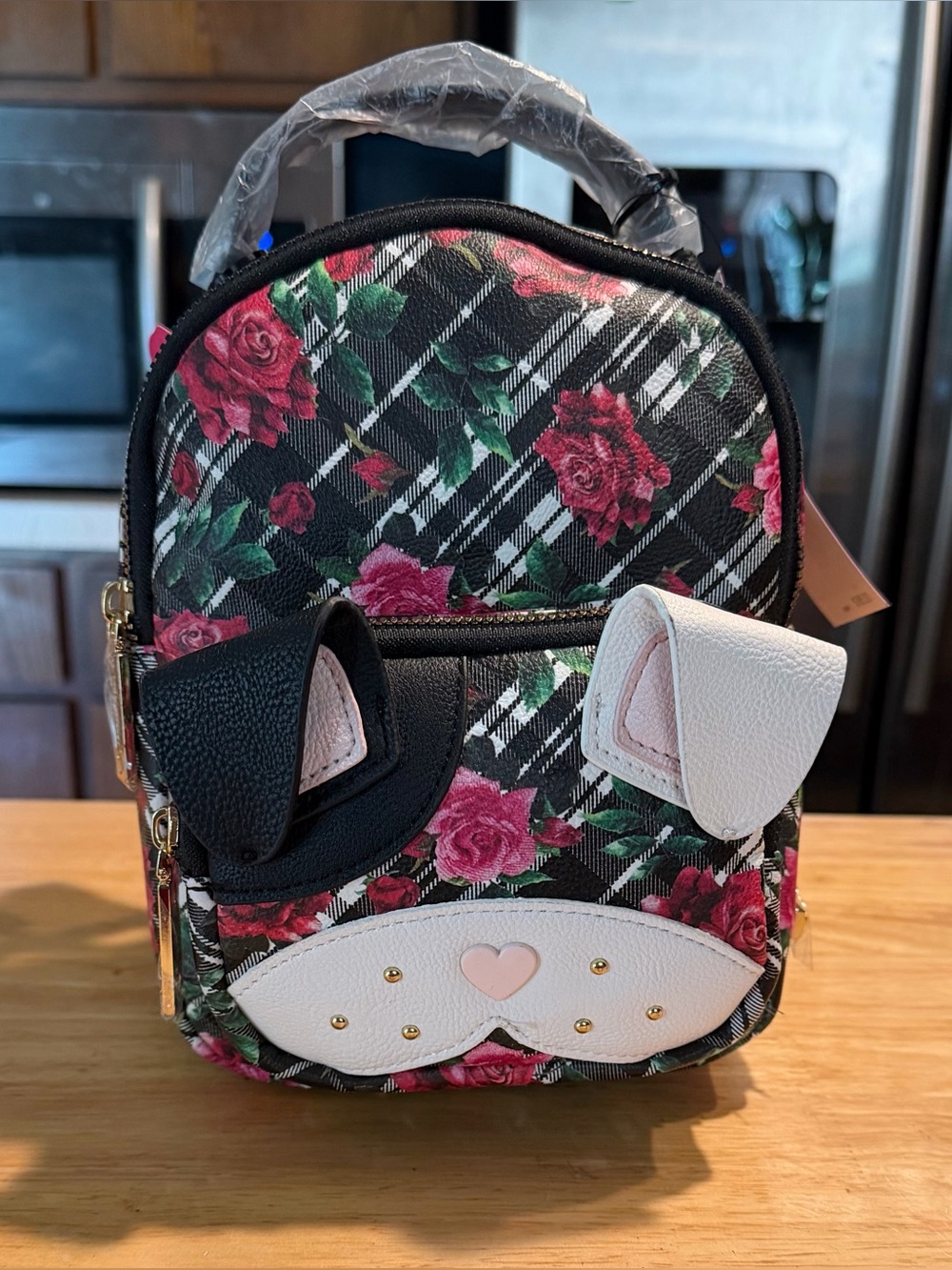 Betsey Johnson Black Floral Plaid Mini Backpack with Pink & White Accents